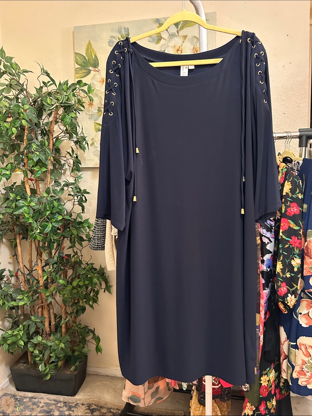 Emma & Michele Navy Blue Midi Dress with Grommet Shoulder Detail
